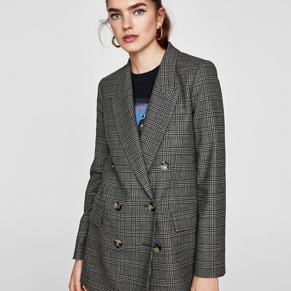 zara double breasted checked blazer